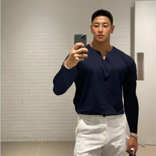 Mens vneck Long sleeve Fitness T-shirt Casual Cotton Gyms Male Bodybuilding Workout Skinny Tee shirt Tops Running Sport Clothing