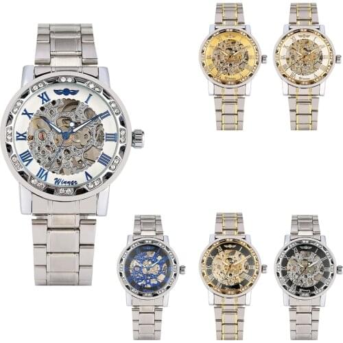 Mens Mechanical Watch Hand-Winding Roman Numerals Dial with Diamonds Automatic Watches Stainless Steel Strap Wristwatch