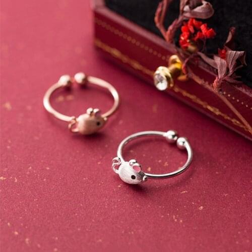 Real 925 Sterling Silver Small Animal 3D Rat Mouse Rings for Little Girls Kids Opening Adjustable Minimalistic Jewelry