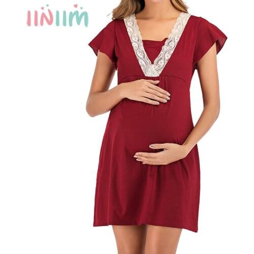 Maternity Nursing Pajamas Pregnant Women Loose Lace Trim V-neck Nightdress Breastfeeding Nightgown Sleepwear Pregnancy Nightwear