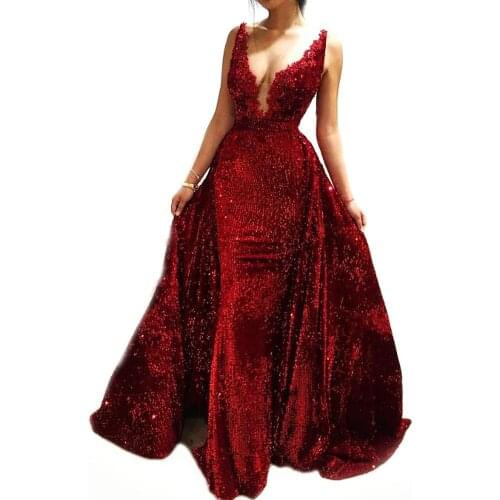 2019 Two Pieces Detachable Back Train Prom Dress Glitter Fabric Embroidery Flower Lace Hand Beaded Stones Long Evening Gowns