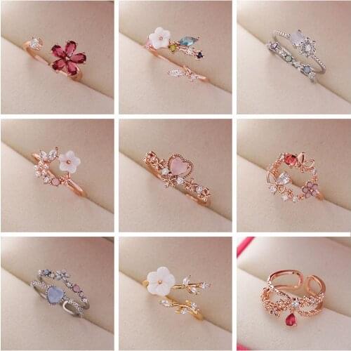 Simple Elegant Lady Party Jewelry Accessories Fashion Cute Heart Flower Gem Adjustable Women Rings Colorful Trendy Japan Korea