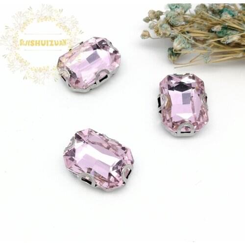 Pink Rectangle Glass Crystal sewing rhinestones with silvery D shape claw Diy wedding dress accessories Free shipping