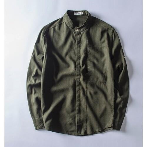 New Brazil style long sleeve autumn stand collar dark green shirts men flax and cotton solid fashion shirt male 4XL overhemd
