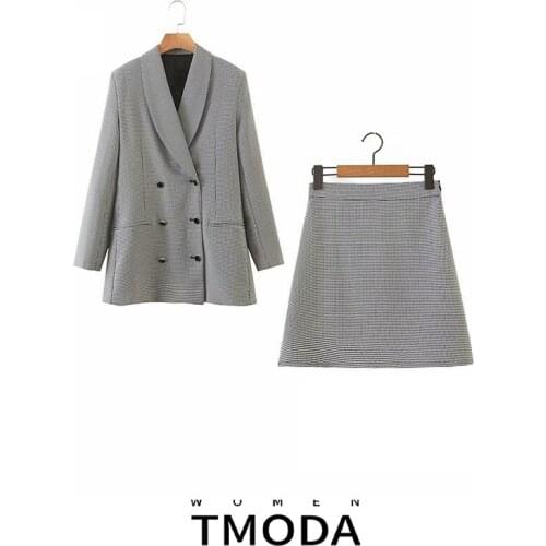 TMODA210 2021 Za Autumn Winter Women Plaid Thick Skirt Suit 2 Piece Set Female Jacket Ladies OL Blazer Skirt Sets Womens Outfits