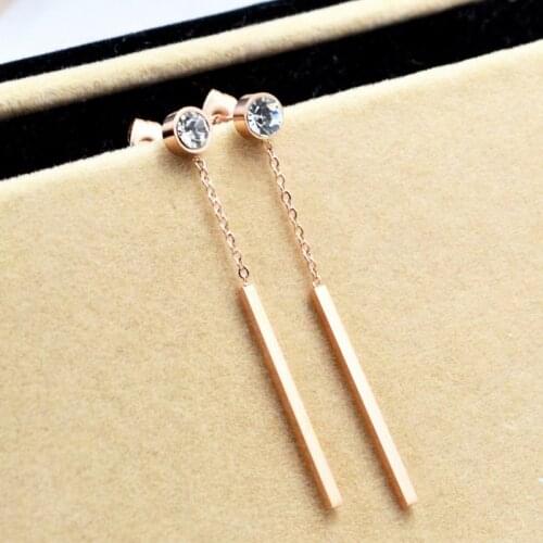 Rose gold color crystal dangle earrings pendientes mujer moda orecchini , stainless steel rectangular bar drop earings for women
