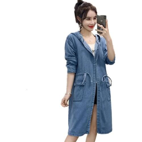 Women Jacket New Autumn Korean Fashion Casual Wild Windbreaker Long Denim Jacket Spring Female Plus Size Loose Hooded Coat A404