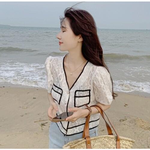 Women Shirts V-neck Puff Sleeve Shirt Ladies Summer New Design Sense Niche Short Hollow Lace Top