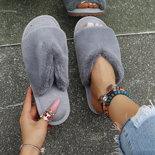 2021 Winter New Women Fur Slippers Home Solid Color Bedroom Living Room Fashion Simplicity Faux Fur Warm Flat Slippers