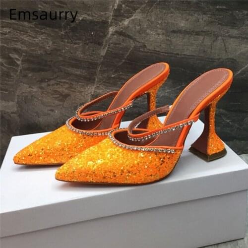 Sexy Sequins Party Shoes Woman Jeweled One-strap Pointed Toe Unique High Goblet Heel Runway Sandals Women Summer
