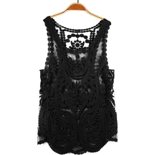 Sexy Womens Sleeveless Lace Tank Top Sexy Embroidery Hollow-out Floral Crochet Shirt summer holiday mini dress Vestido 2020