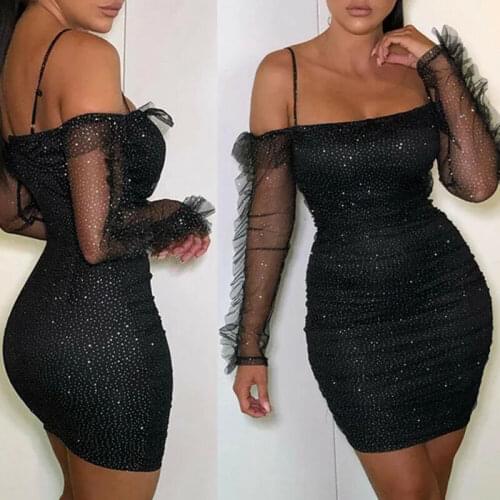 Women Double Layers Sequin Mesh Patchwork Bodycon Dress Autumn Sexy Off Shoulder Ruffles Sleeve Fashion Short Club Party Dresses