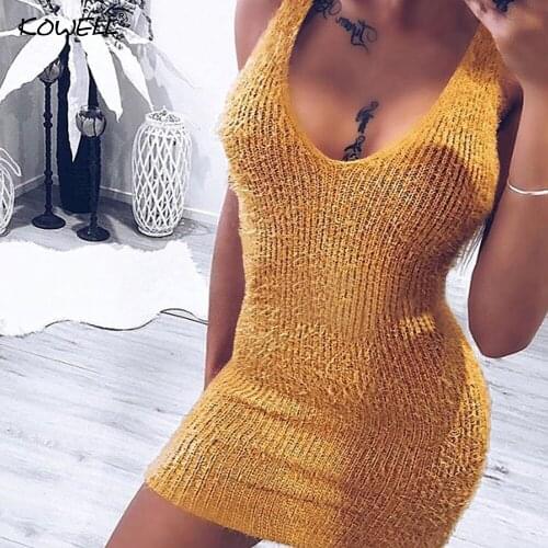 2018 New Autumn Backless Knitted Sexy Sweater Dress Deep V-Neck Sheath Cotton Dresses Women Sleeveless Mini Bodycon Party Dress