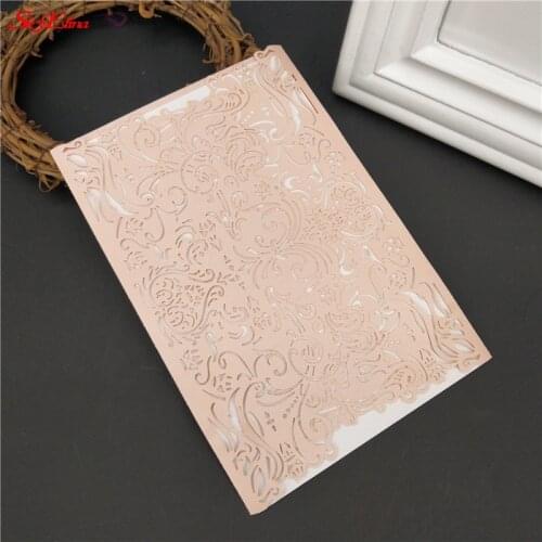 10 pcs Hollow out Luxury Laser Cut Wedding Invitations elegant Card set Baby Shower With Ribbon Party Supplies pink 6Z SH073