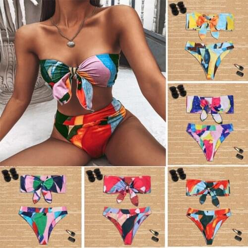 Brazilian High Waist Bikini 2021 New Summer Womens Bow Swimsuit Colorblock Print Swimwear Sexy Push Bathing Swimsuit Beachwear