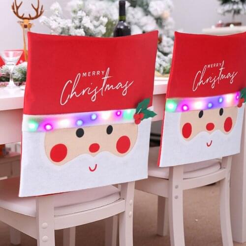 Christmas Santa Claus Print Chair Cover With LED String Light Non-Woven Dining Chair Back Slipcover Party Living Room Decoration