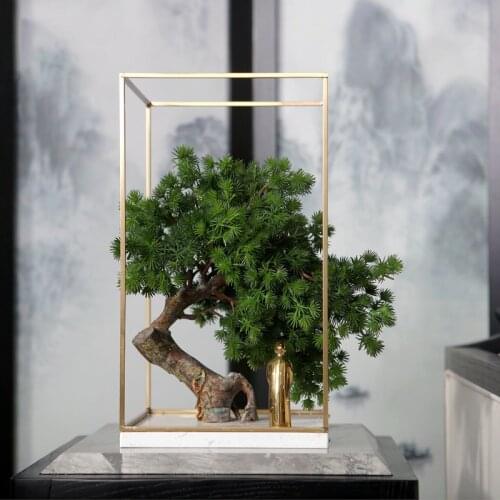 Simulation Plant Bonsai With Gold Metal Frame Modern Brass Character Stand Under The Banyan Tree Ornaments Decor Home Room Hotel
