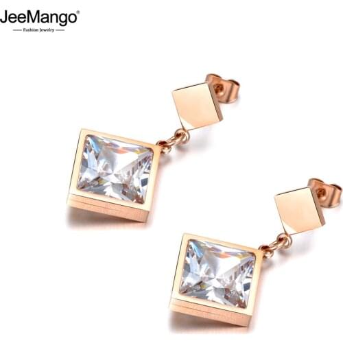 JeeMango Titanium Steel Fashion Square Cubic Zirconia Steel Stud Earrings Charming Engagement Earrings Jewelry For Women JE18048