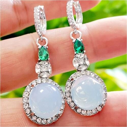 Quality Imitation Natural Jade Pith Earrings Luxury Emerald Inlaid with Zircon Drop Dangle Earring for Women Silver Color Jewely