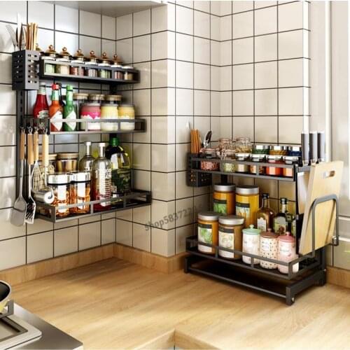 Stainless steel kitchen rack wall-mounted wall-free punching seasoning seasoning shelf supplies storage household