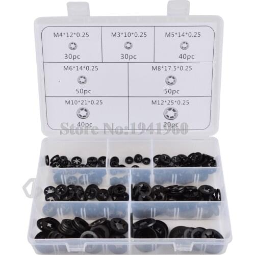 NICECNC 7 Sizes 260PCS Push Nut Star Lock Washer Assortment Flat Washer Shaft Fastener Hardware Gasket M3*10*0.25 M4/M5*12*0.25