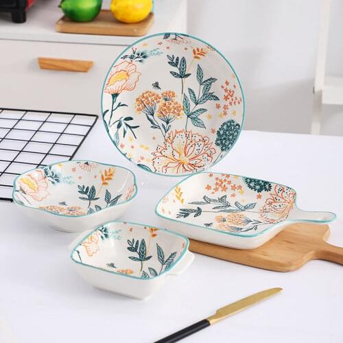 Pastoral Glazed Hand-Painted Handle Baking Tray Plum Blossom Dish Disc Dish