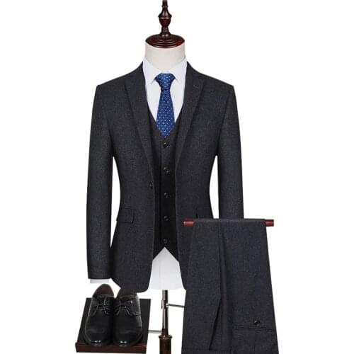 Abruzzomaster Tweed Wool Blend Tailored Men Suit Groom Tuxedos Vintage Groomsman Suit Black Tuxedos (Jacket+pants+vest)