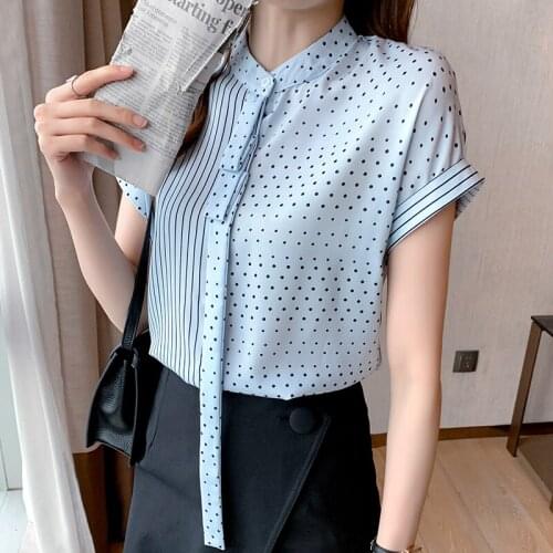 Fashion Dots stripe Chiffon Womens shirt Newest summer Womans short Sleeve Shirt Tops ladies tops button up shirt ladies tops