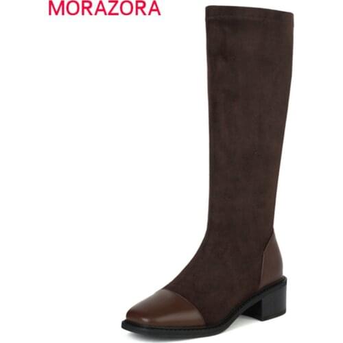 MORAZORA 2022 Plus Size 43 Thick Heels Knee High Boots Women Shoes Pu +Flock Zip Simple Comfortable Long Boots Women Black