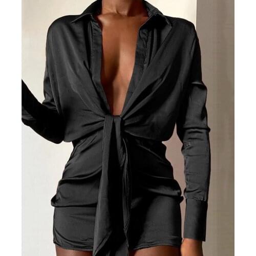 New Spring And Summer Turn-down Collar Shirt Dress Long Sleeve Solid Color Front Knot Single-breasted Women Mini Dress Streetwea