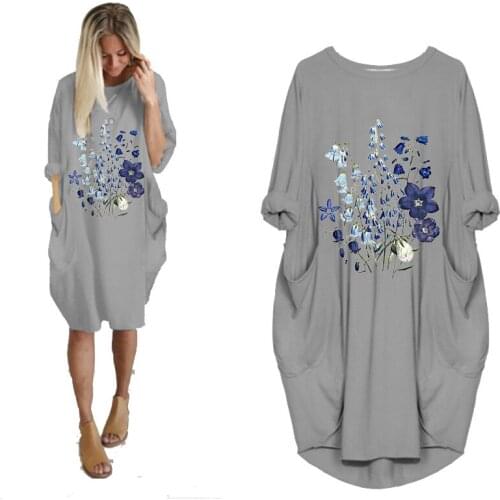 Ladies Autumn Midi Dress Floral Flower Print O Neck Long Sleeve Casual Loose Big SizeWomen Dresses With Pockets Vestidos Mujer