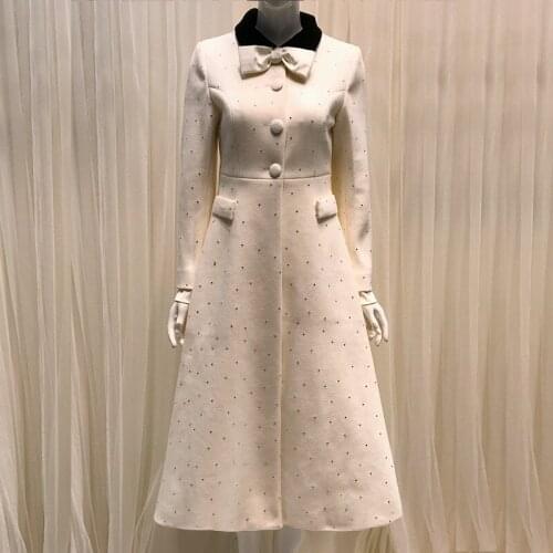 Women Wool Winter Coat Long Bow Collar Diamonds High Waist Tunic Office Lady Coat