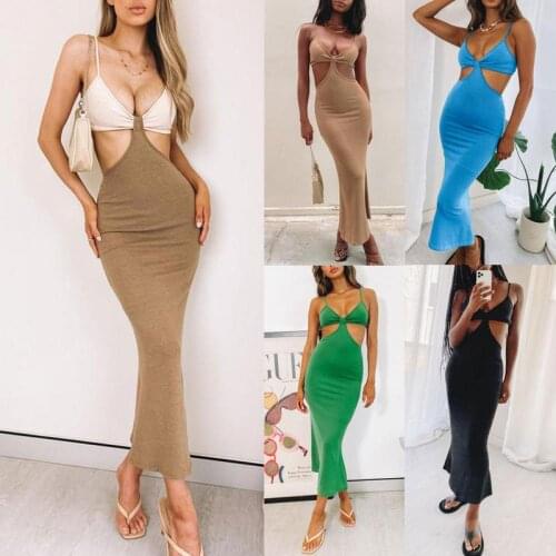 2021 Summer New Fashion European and American Knitted Dress Irregular Long Skirt Halter Back Sexy Long Skirt