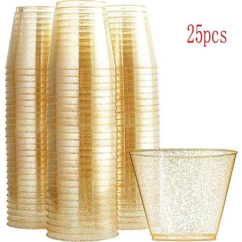 25PCS Plastic Cup Disposable Water Cup Golden Powder 9OZ Juice Cup Dessert Cup Mousse Cup Wedding Tableware Decoration