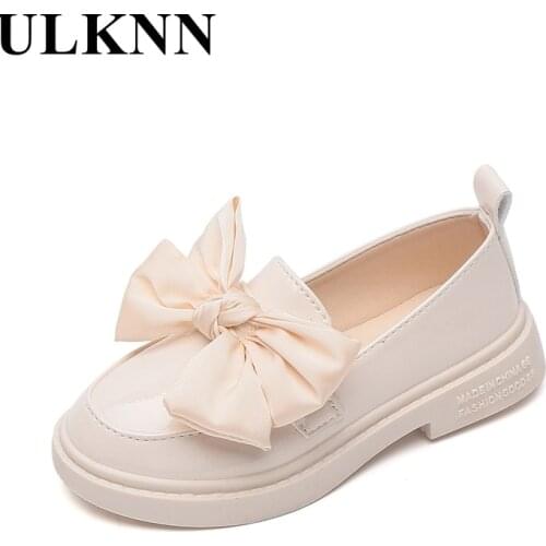 ULKNN Black Lolita Shoes For Girls Round Toe Children Anti-Slippery Slip On Princess Leather Shoes White Bow Kids Footwear Girls
