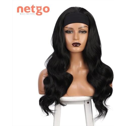 Netgo Long Wavy Headband Wig for Black Women Heat Resistant Machine Made Synthetic Hair Wigs for Daily Use Costume Cosplay