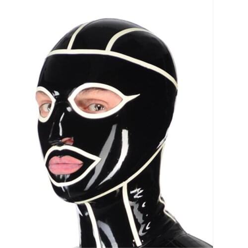 Hot sexy exotic lingerie handmade geometrical spliced black latex hoods with white trim back zipper cekc zentai fetish costumes