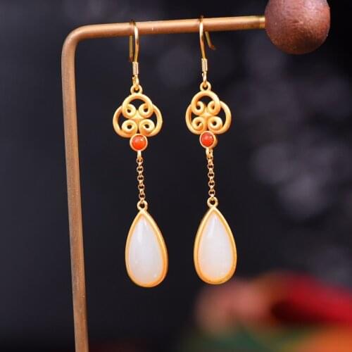Natural Hetian Jade White Jade Water Drop Silver Earrings Inlaid S925 Sterling Silver South Red Chinese Knot Ear Hook Vintage Or