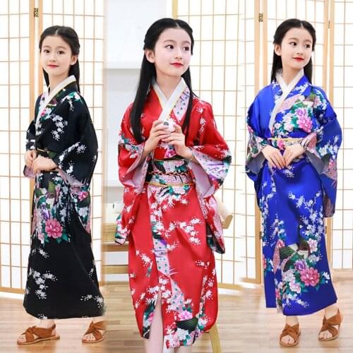 Girls Peacock Yukata Clothing Japanese Kimono Dress Children Yukata Haori Costume Traditional Japones Kimono Costume Cosplay