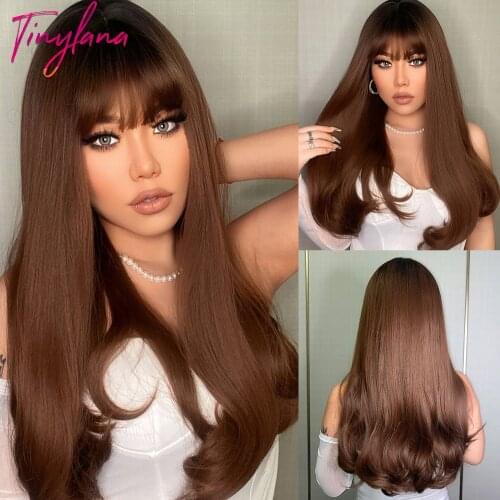 TINY LANA Black Root Honey Brown Wigs with Bangs Long Natural Wave Synthetic Wigs For Women Cosplay Daily Party Heat Resistant
