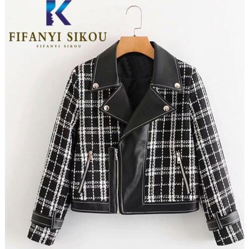 PU Leather Spliced Plaid Tweed Jacket Women Short Coats Fashion Zipper Lapel Bomber Jacket Female Autumn Loose Black Biker Coat