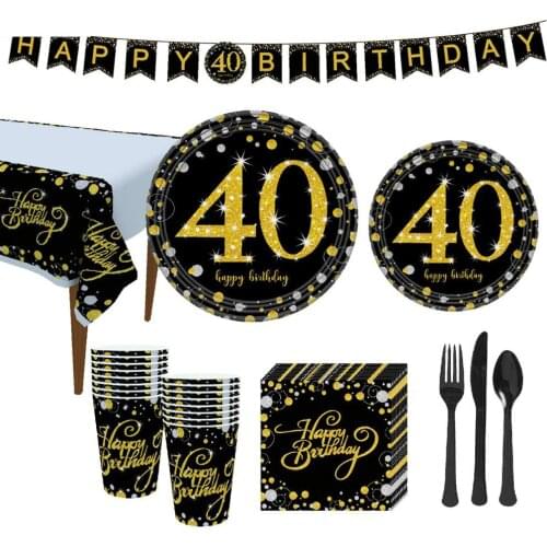40th Birthday Party Supplies Set Black Gold Disposable Tableware Kit Decorations Plates Cups Napkins Banners Dinnerware Cutlery