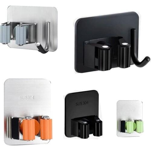 Adhesive Mop Holder Rack Wall Mounted Brush Broom Hanger Kitchen Bathroom Multi-Purpose Hooks Bathroom Hanging Hooks Punch-free