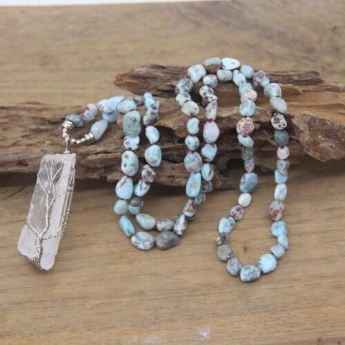 Raw Crystal Point Tree of Life Pendants Yoga Necklace,Natural Larimar Chip Beads Knotted Handmade Mala Jewelry Wholesales,QC0105