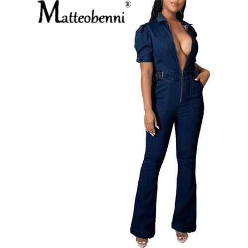 2021 Autumn New Womens Jeans Jumpsuit Short-Sleeved Trousers High-Waist Fashion Trend Slim Zipper Casual Ladies Denim Jumpsuit