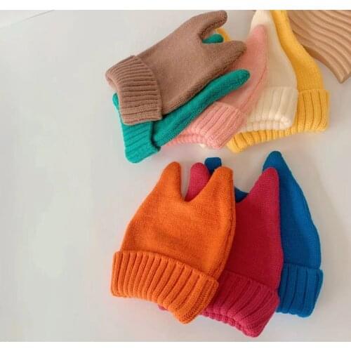 2021Autumn And Winte Korean hot sales Fashion Warm Cute Rabbit Cap children Beanie Hat Girls boys Devil Horn Knit Cat Ear Hats