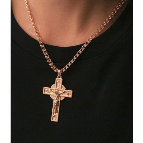 Cross Pendant Necklace for Men Women 585 Rose Gold Filled Crucifix Pendant Snail Chain Jesus Prayer Religion Jewelry DGP436
