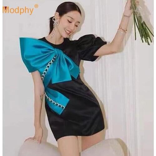 Fashion Big Bow Diamond Satin Dress Sexy Bubble Short Sleeve Slim Mini Dresses Elegant Party Female clothing 2021 Summer New