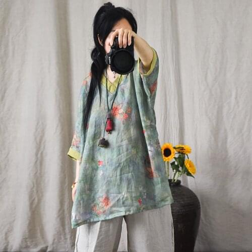 QPFJQD Ladies Loose Chinese Style Long Blouse Tops Patchwork Women 2021 Print Retro Ramie Shirts V Neck