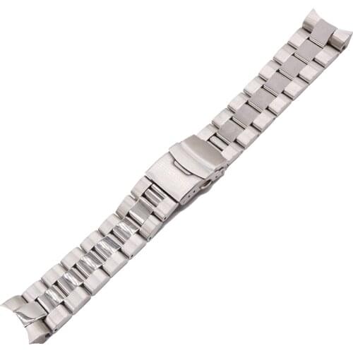Rolamy 22mm Silver Solid Curved End Solid Links Replacement Watch Band Strap Bracelet Double Push Clasp For Seiko